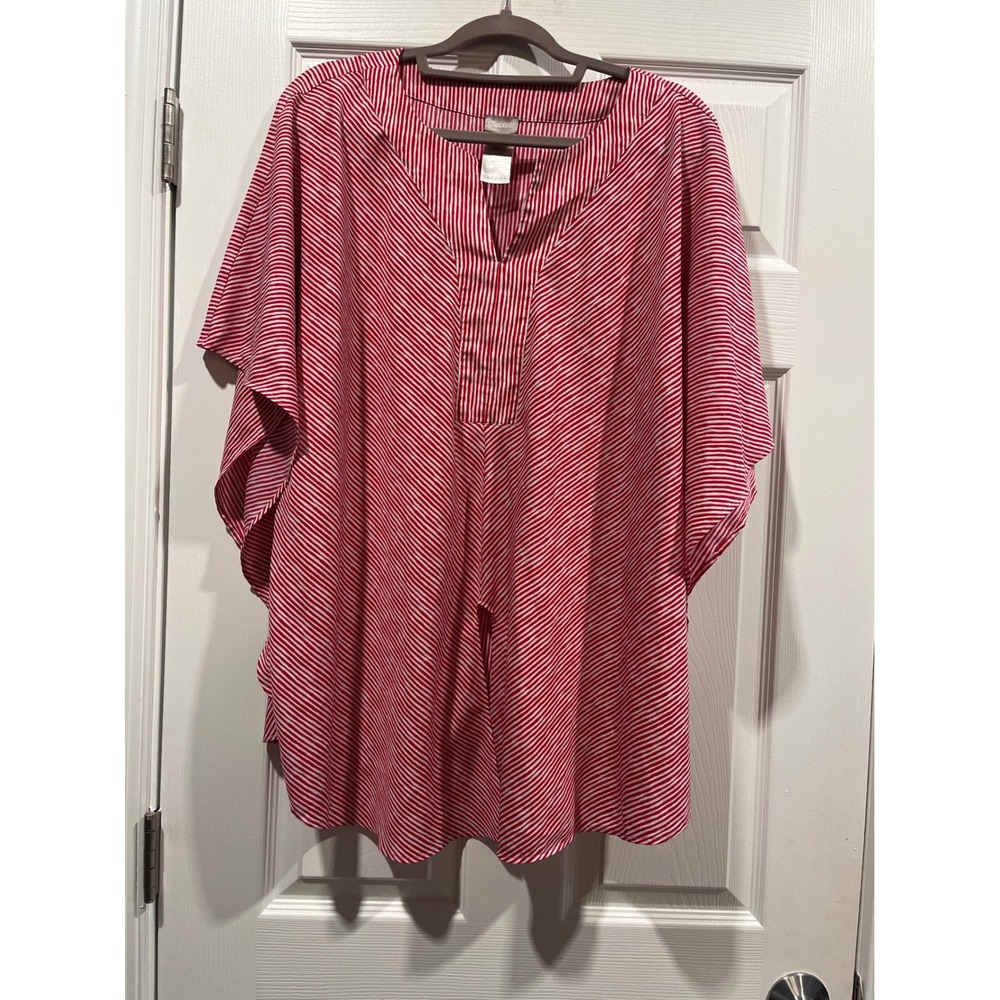 Chicos Red White Striped Kaftan Tunic V-Neck Flutter Sleeve Blouse Size 4 2XL